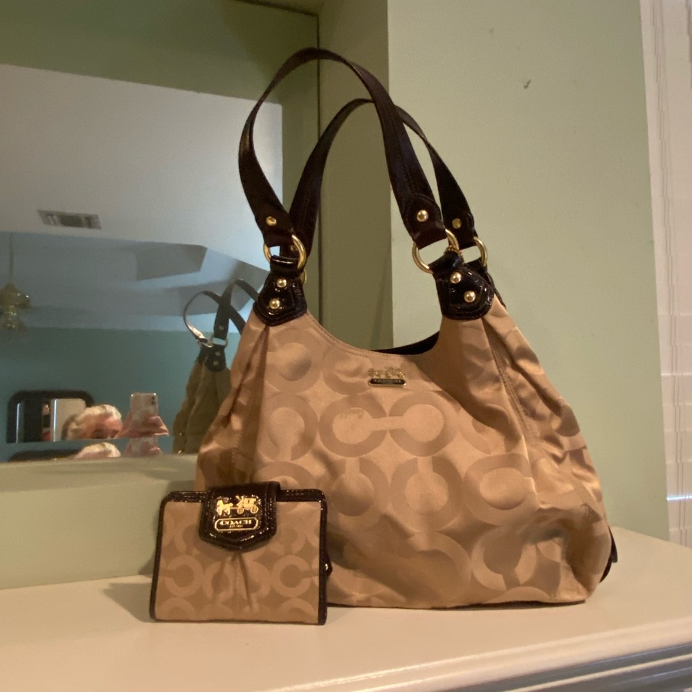 Coach Tan and Brown Shoulder Bag with Gold Hardware
